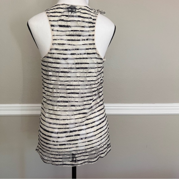 Vanity Sheer Lace Ruffled Tank Top White with Blue Stripes - Picture 3 of 12